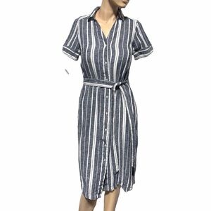 Banana Republic women’s 6 Navy and White belted linen blend Midi Dress, pockets!